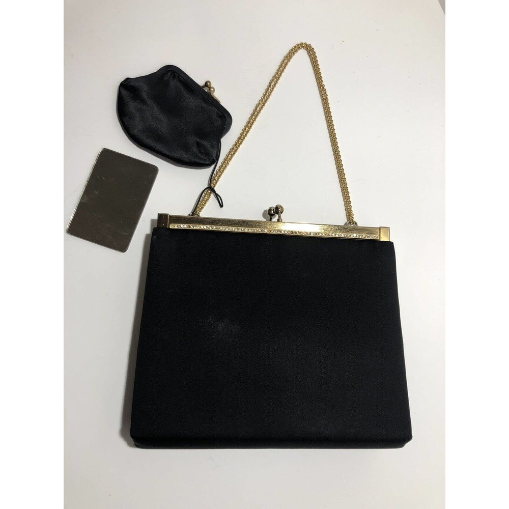 Vintage AFTER FIVE Black Satin Cocktail Purse Gold Hardware - 1960's
